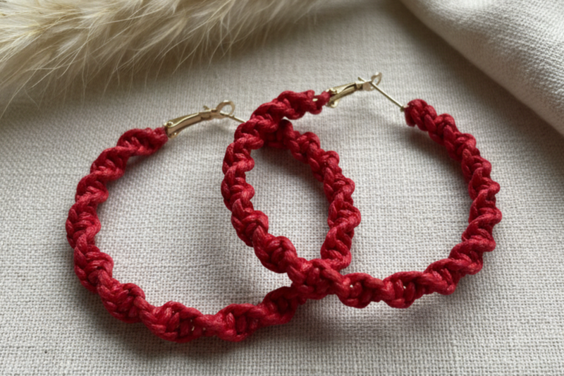 "Grandes créoles bohèmes rouges en macramé ou tissu torsadé, accessoires de mode faits main pour un look estival.