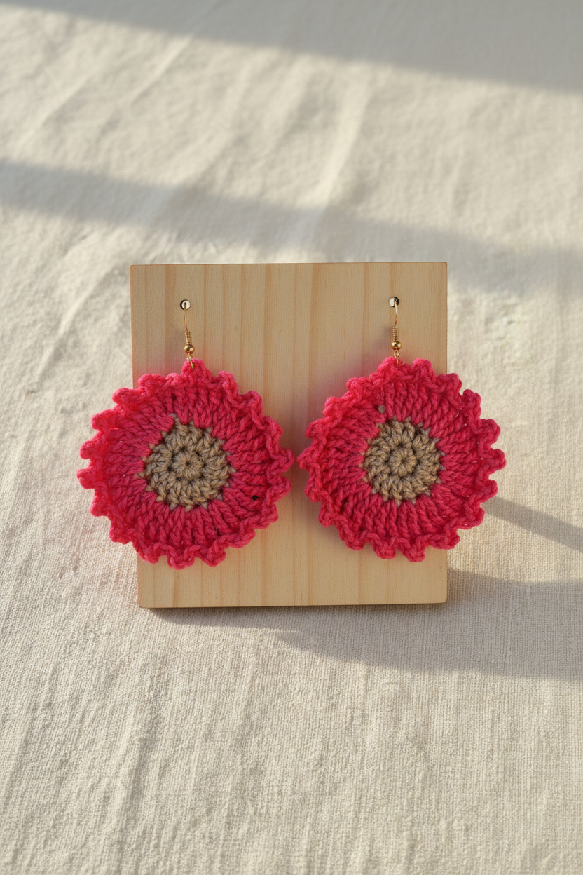 Boucles d'oreilles fleurs en crochet fushia et beige