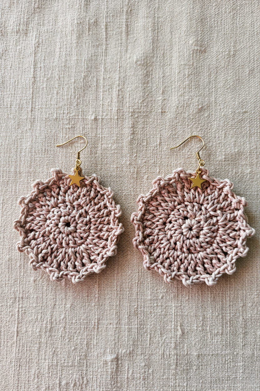 Boucles d'oreilles Célia — Soleil en crochet beige crème et leur étoile dorée