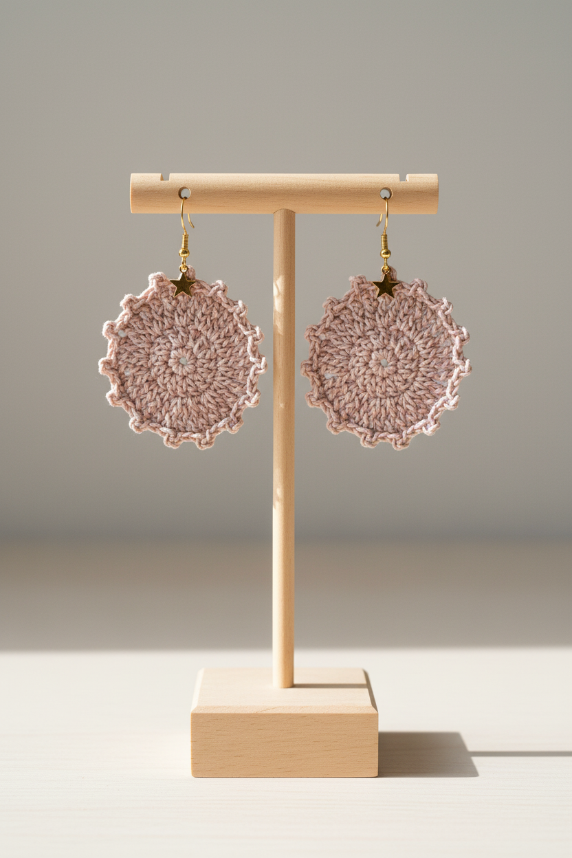 Boucles d'oreilles Célia — Soleil en crochet beige crème et leur étoile dorée
