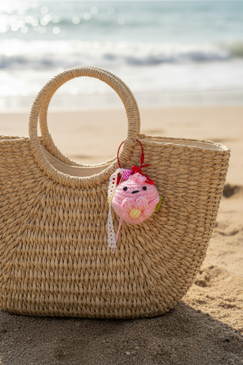 Bijou de sac fleuri avec marguerites en crochet et pompons pastels L’indispensable de votre été