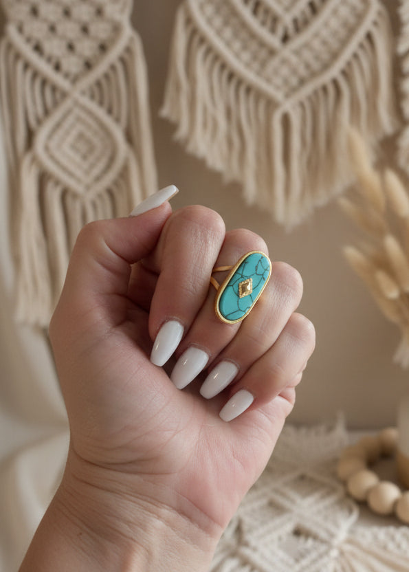 Bague India Pierre Turquoise Ovale et Dorée - Acier Inoxydable & Ajustable
