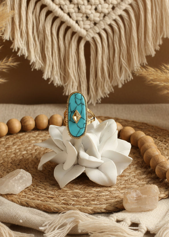 Bague India Pierre Turquoise Ovale et Dorée - Acier Inoxydable & Ajustable