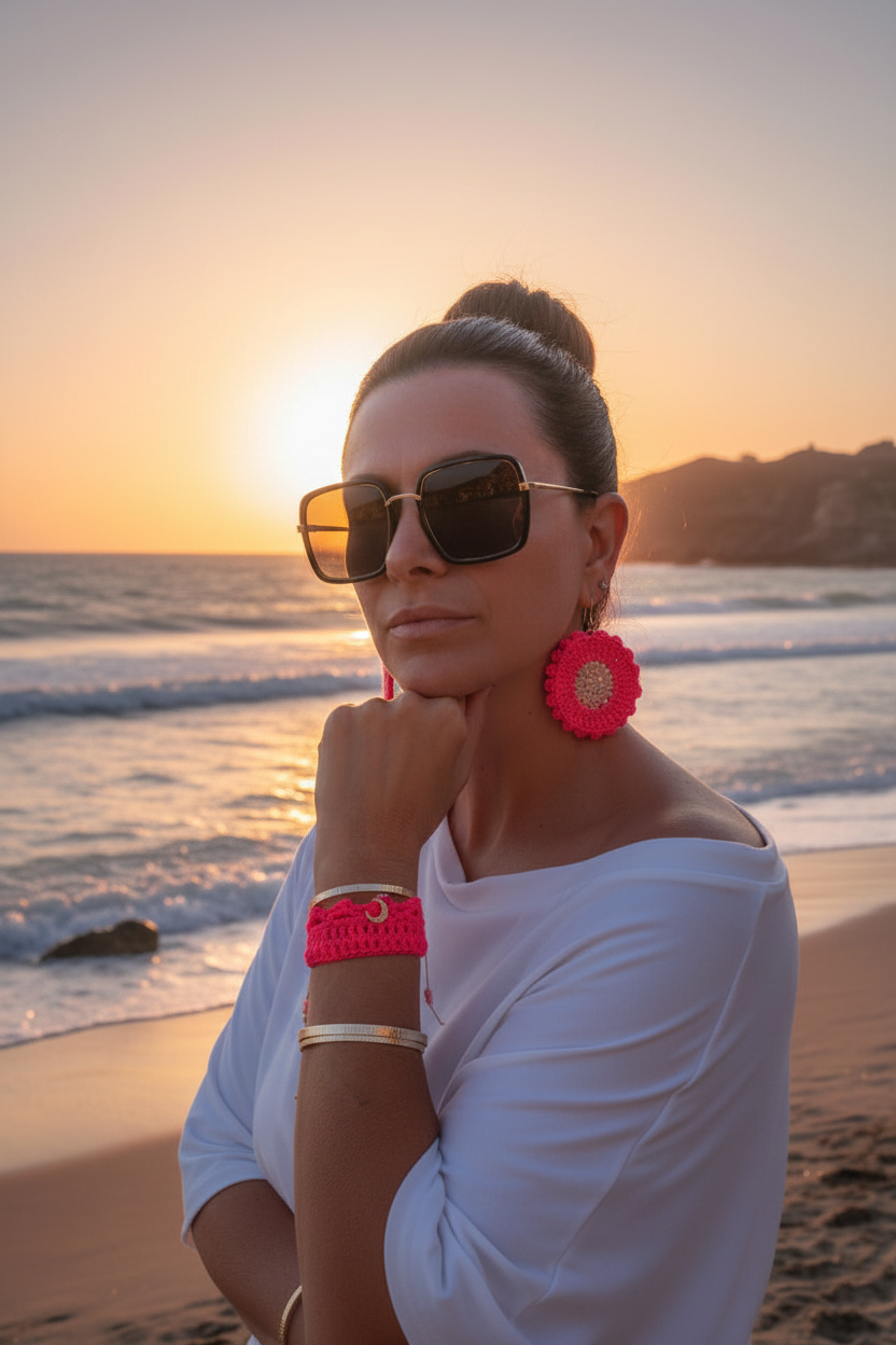 Bracelet crochet rose fuchsia lune scintillante - COLLECTION SIGNATURE