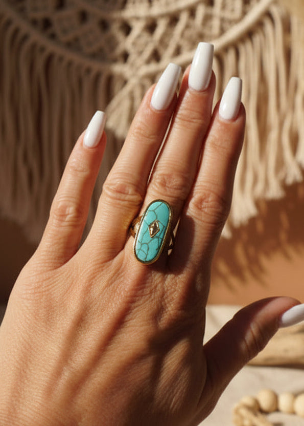Bague India Pierre Turquoise Ovale et Dorée - Acier Inoxydable & Ajustable