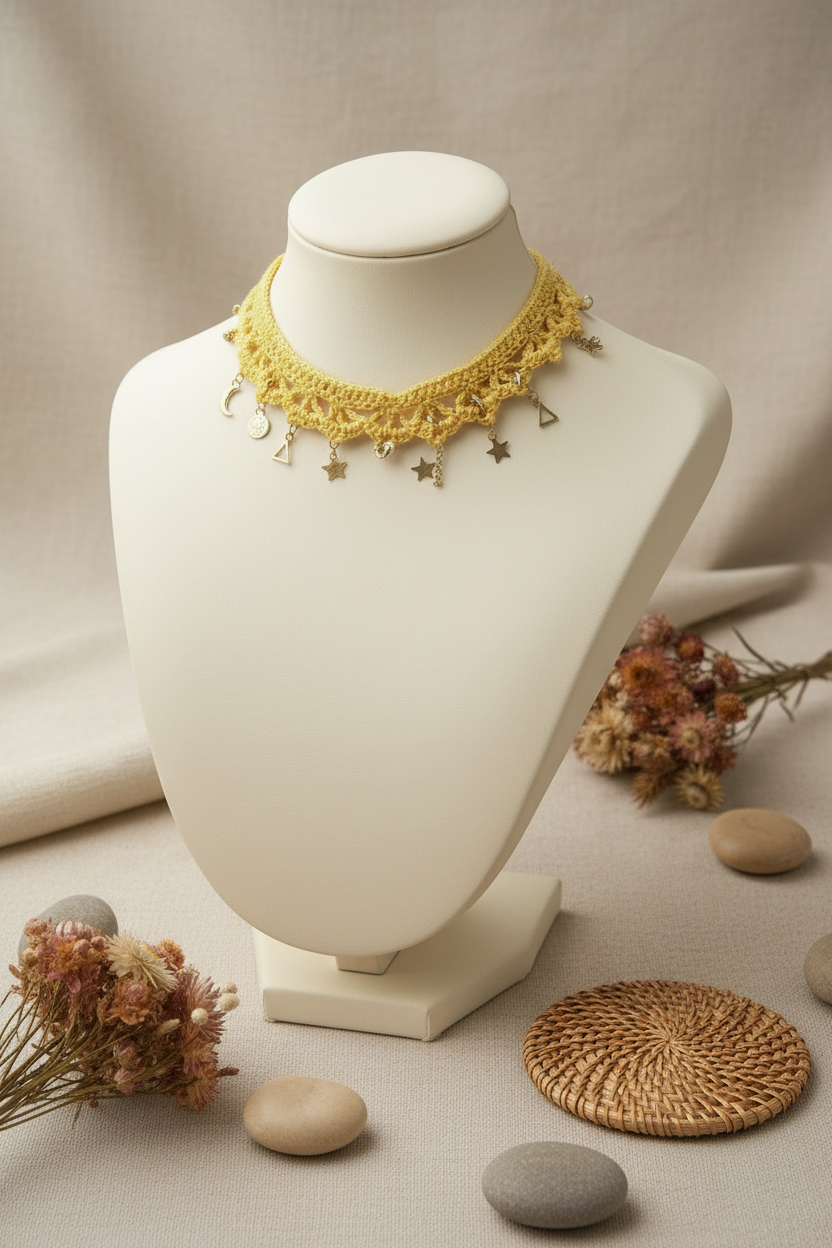 Collier de style bohème lfe présenté sur un buste d'exposition pour visualiser le tombé du ras de cou 