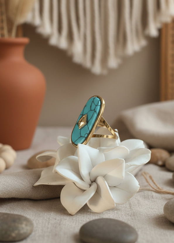 Bague India Pierre Turquoise Ovale et Dorée - Acier Inoxydable & Ajustable