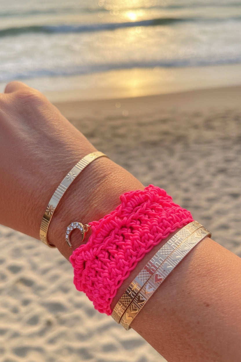 Bracelet crochet rose fuchsia lune scintillante - COLLECTION SIGNATURE