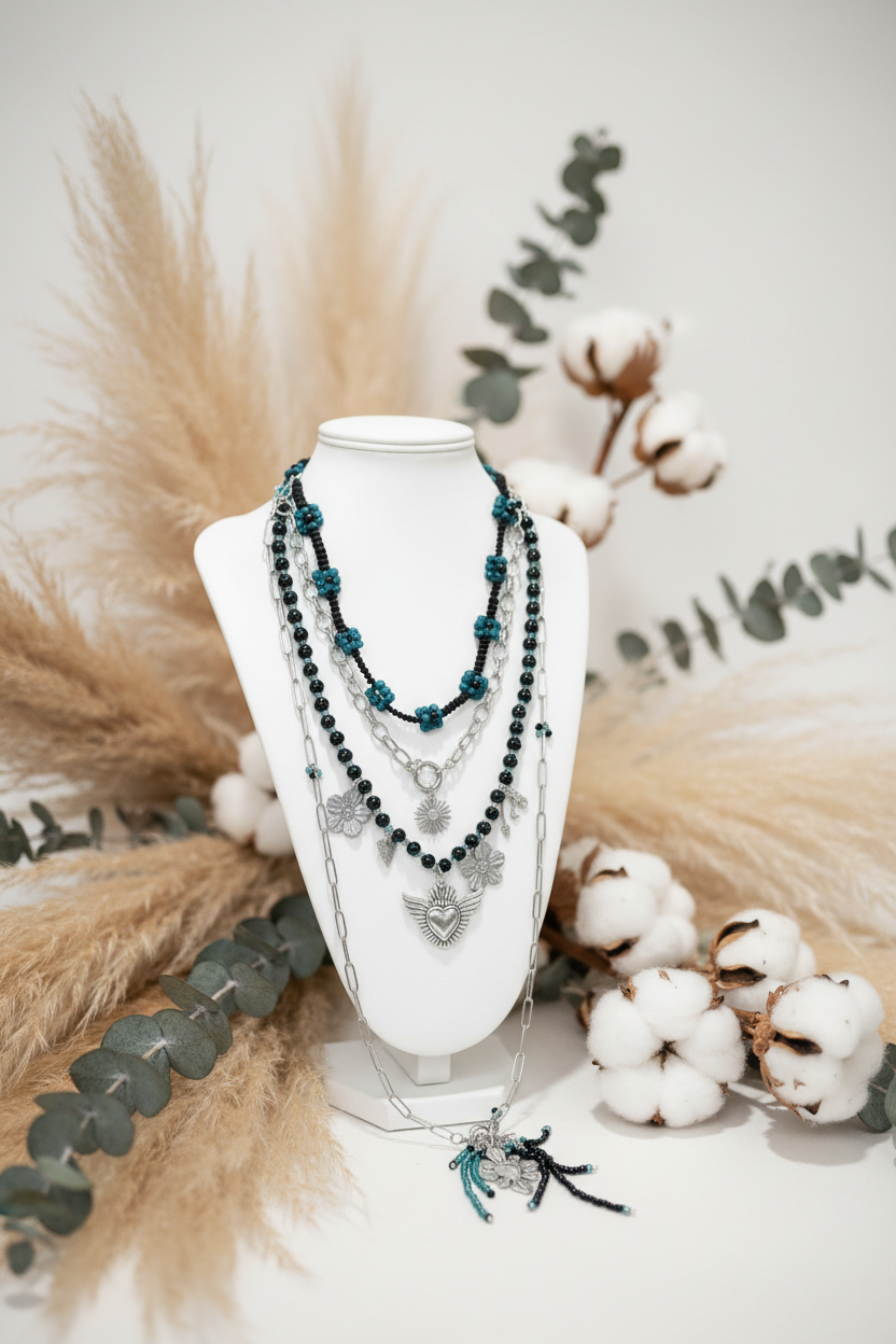 Collier Layering Laïa - Bijou Multi-Rangs Perles Aura Noire Bohème