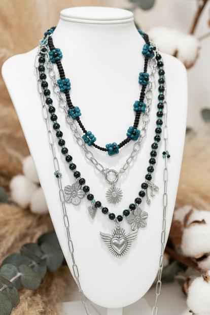 Collier Layering Laïa - Bijou Multi-Rangs Perles Aura Noire Bohème