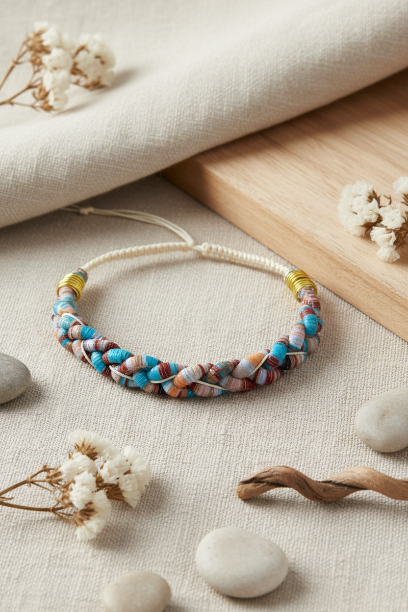 Collier bohème tressé posé sur une pierre naturelle et du lin, entouré d'herbes de la pampa séchées dans des tons neutres.