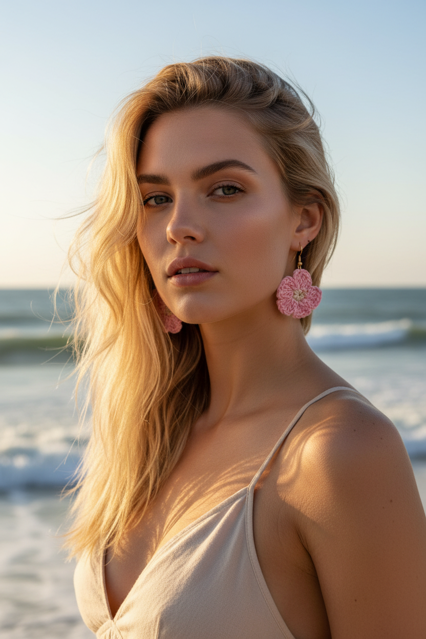 Boucles d'oreilles Fleur en crochet Rose - COLLECTION SIGNATURE