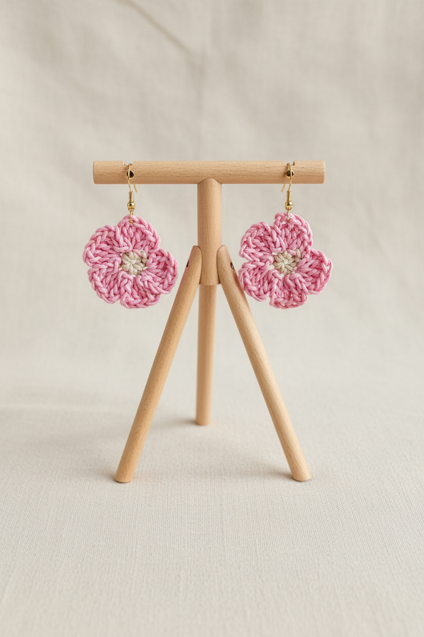 Boucles d'oreilles Fleur en crochet Rose - COLLECTION SIGNATURE