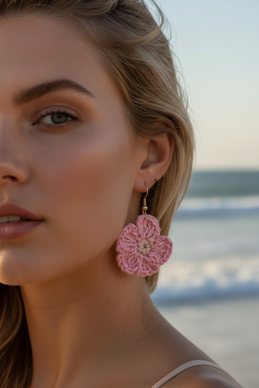 Boucles d'oreilles Fleur en crochet Rose - COLLECTION SIGNATURE