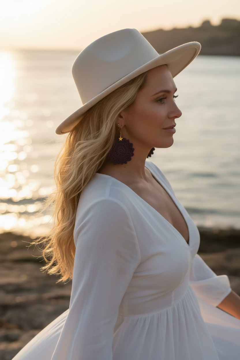 Boucles d'oreilles soleil en crochet violet et leur étoile dorée