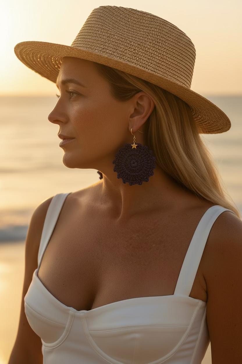 Boucles d'oreilles soleil en crochet violet et leur étoile dorée