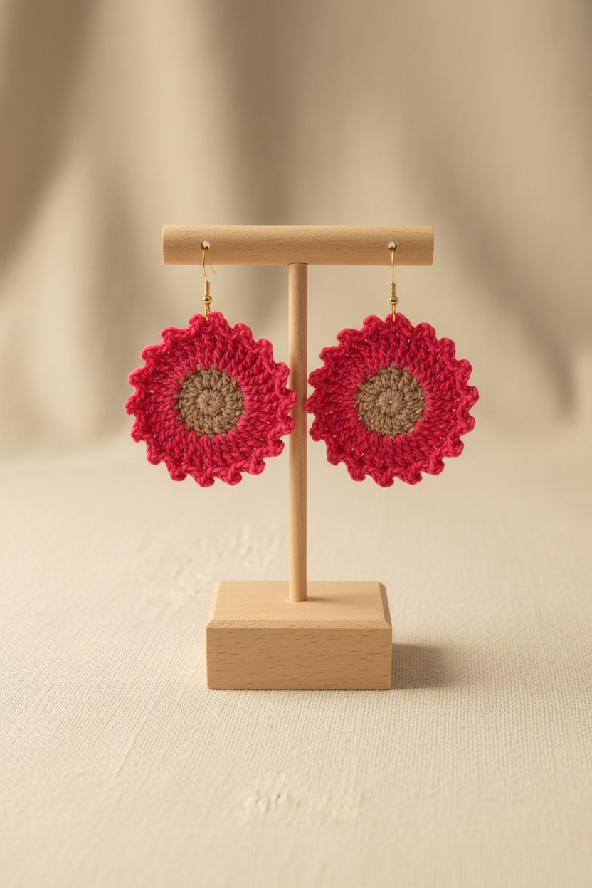 Boucles d'oreilles fleurs en crochet fushia et beige