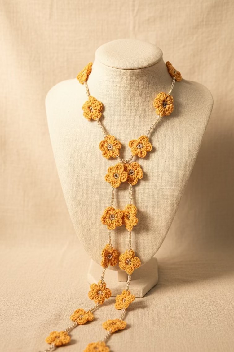 Sautoir multifonction Solène — Longue chaîne en crochet à fleurs