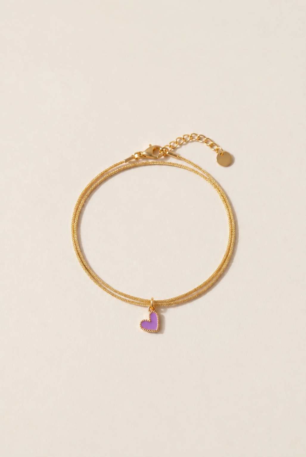 Bracelet Double Rang Fil Doré et Pendentif Coeur Mauve