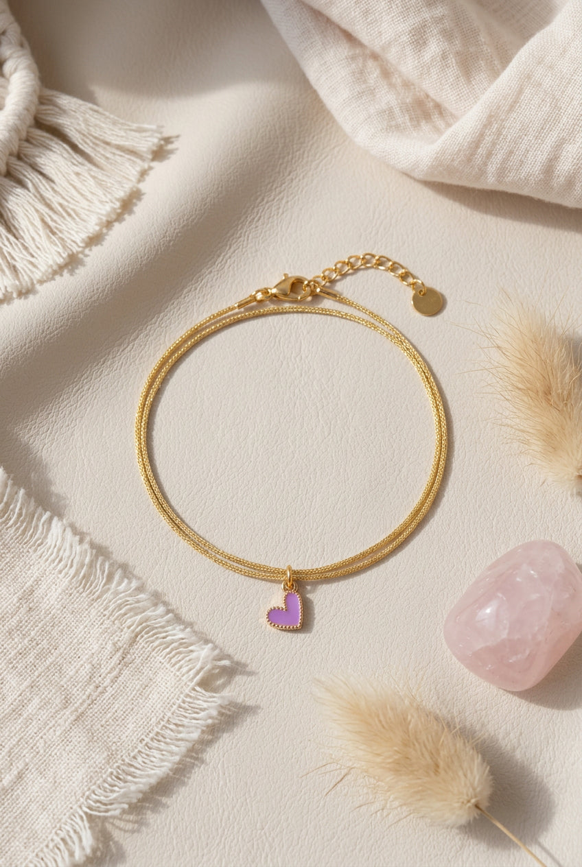 Bracelet Double Rang Fil Doré et Pendentif Coeur Mauve