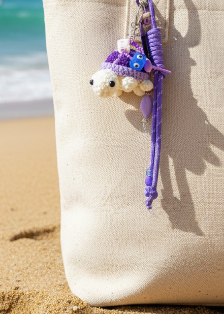Porte-clés tortue violette au crochet gros plan sur sac beige plage - accessoire bohème chic Joyas by Jo
