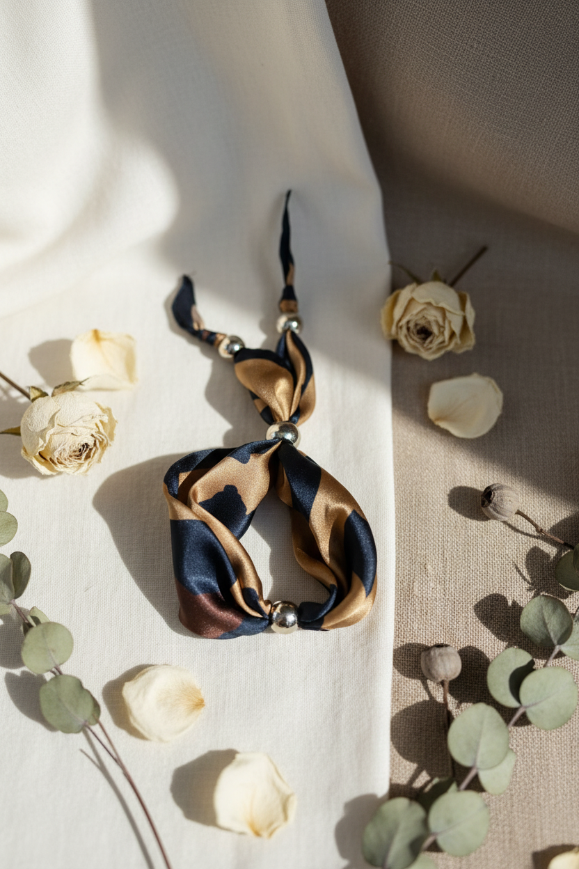 Bracelet foulard en soie ajustable avec billes en acier dispose sur un drap blanc avec fleurs sechees.