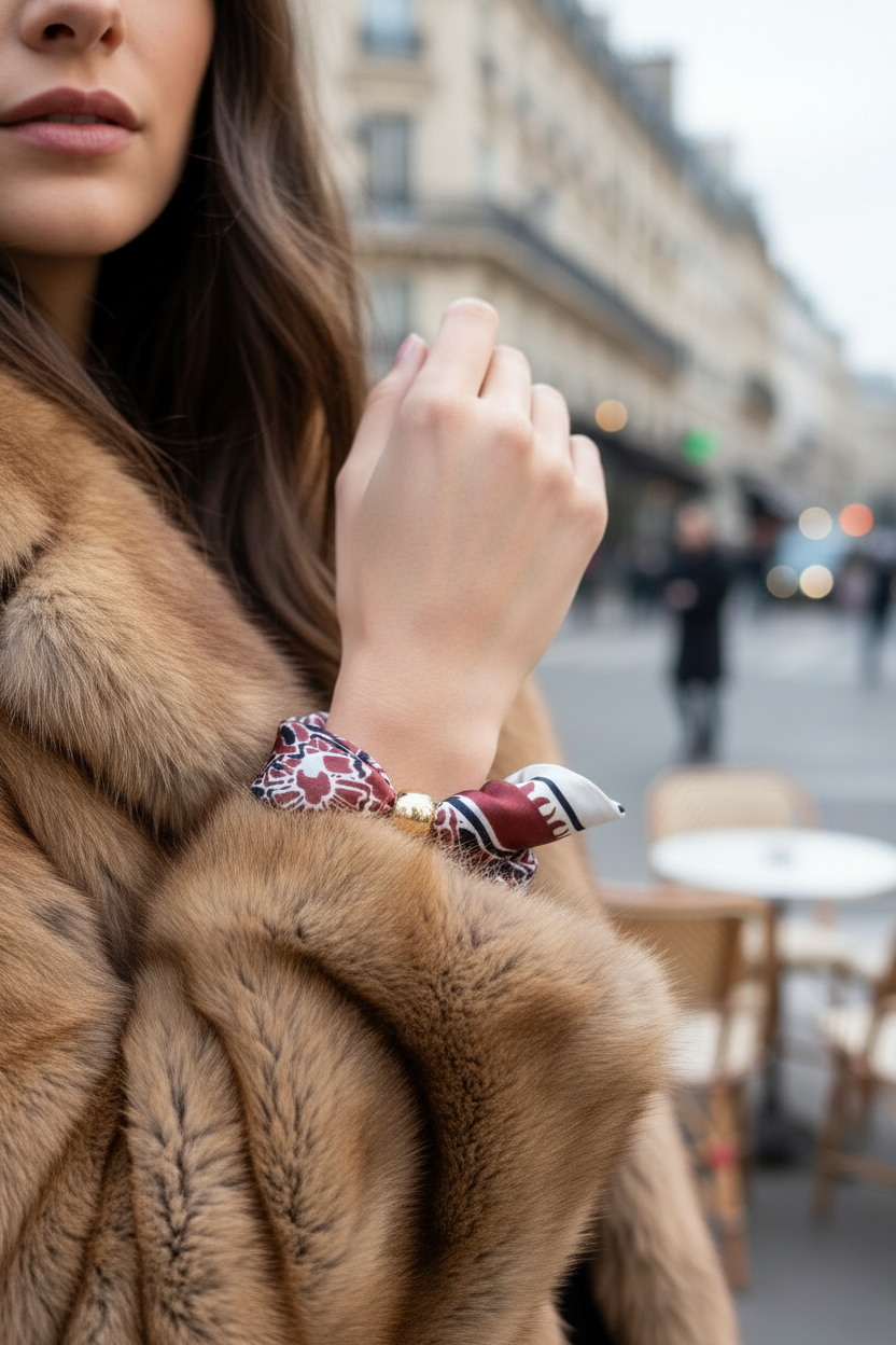 Mise en situation du bracelet foulard Joyas by Jo porté au poignet, vue rapprochée avec arrière-plan urbain flou.