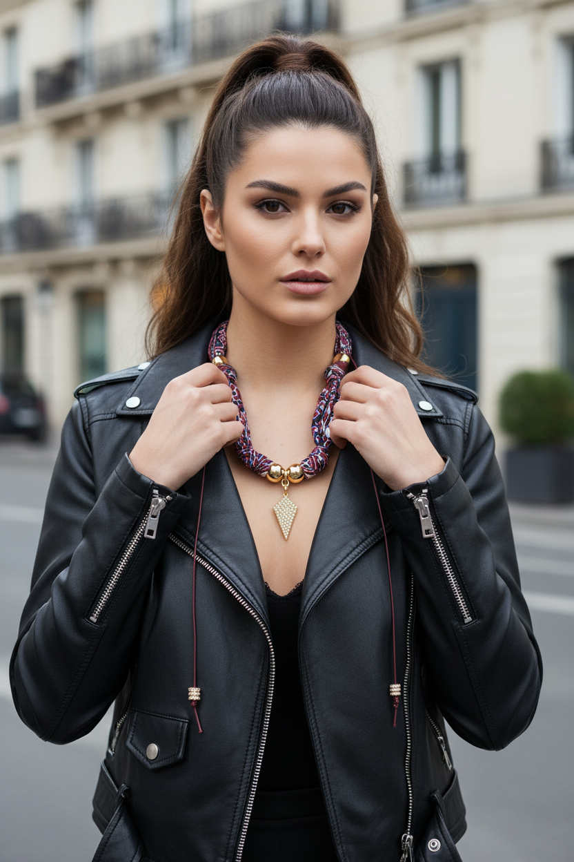Look urbain avec une veste en cuir noir et le collier signature Joyas by Jo à motif imprimé et perles dorees.