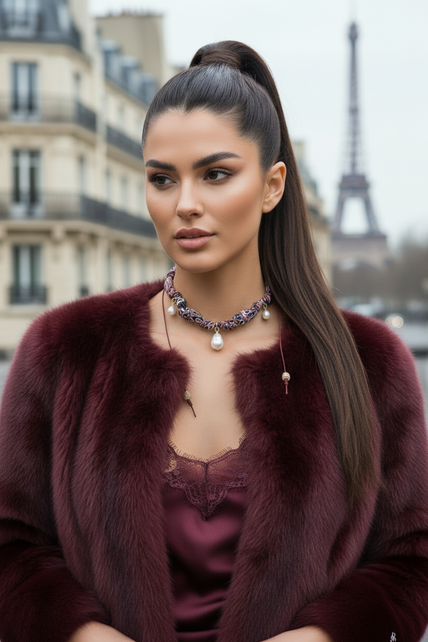 Portrait d'une femme avec le collier Joyas by Jo et un manteau bordeaux, devant la Tour Eiffel floue en arrière-plan.