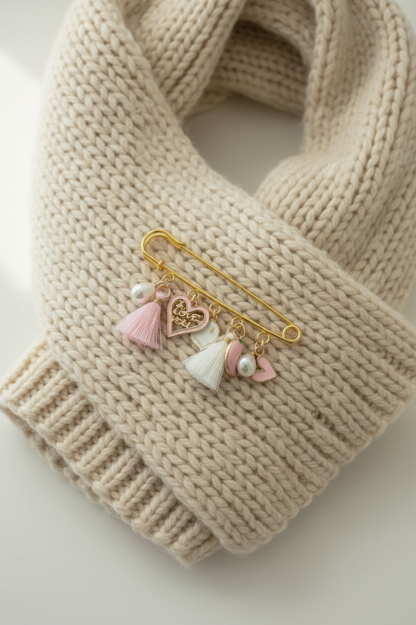 Accessoire de mode pour femme : grande broche épingle à nourrice avec charms roses et blancs fixée sur un tricot beige. Idée cadeau bijou artisanal Joyas by Jo pour accessoiriser un gilet ou une écharpe.