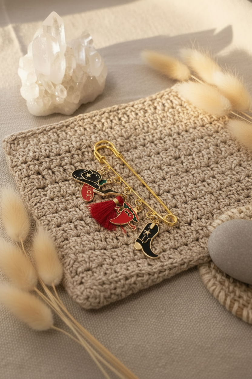 Épingle dorée de style bijou ornée de charms thématiques : chapeau de cowboy noir, botte de cowboy, piment rouge anthropomorphe et pompon rouge. L'ensemble est disposé sur un lin beige à côté d'un grand cristal de roche et de fleurs séchées.