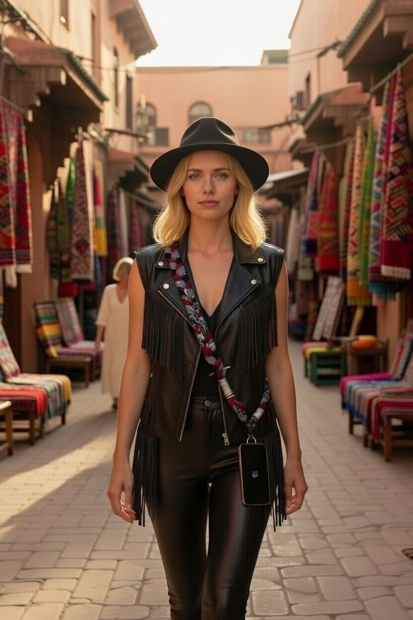 Femme portant un bijou de téléphone bandoulière en bandana Joyas by Jo avec un gilet en cuir à franges et un chapeau noir.