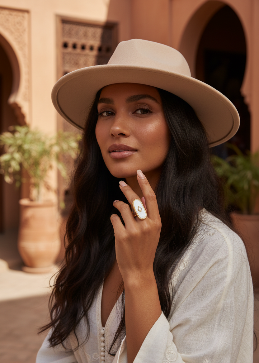 Portrait d'une femme portant la bague Isadora en nacre blanche et or de Joyas by Jo.