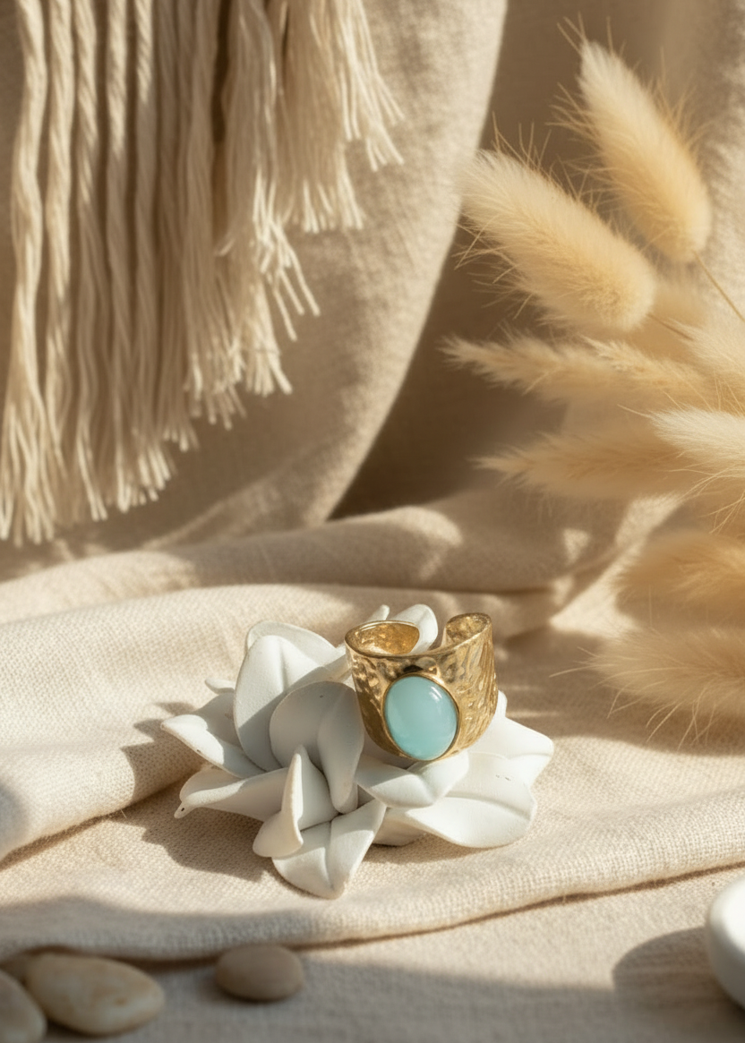 Détail bague Malaia pierre turquoise et métal doré - Joyas by Jo