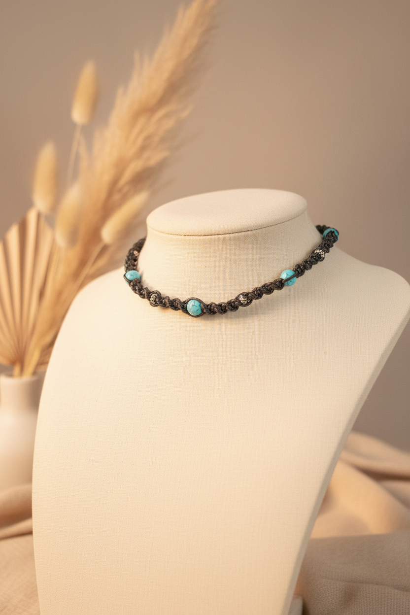 Collier ras de cou en cordon tressé noir et pierres turquoises présenté sur un buste d'exposition beige Joyas by Jo.