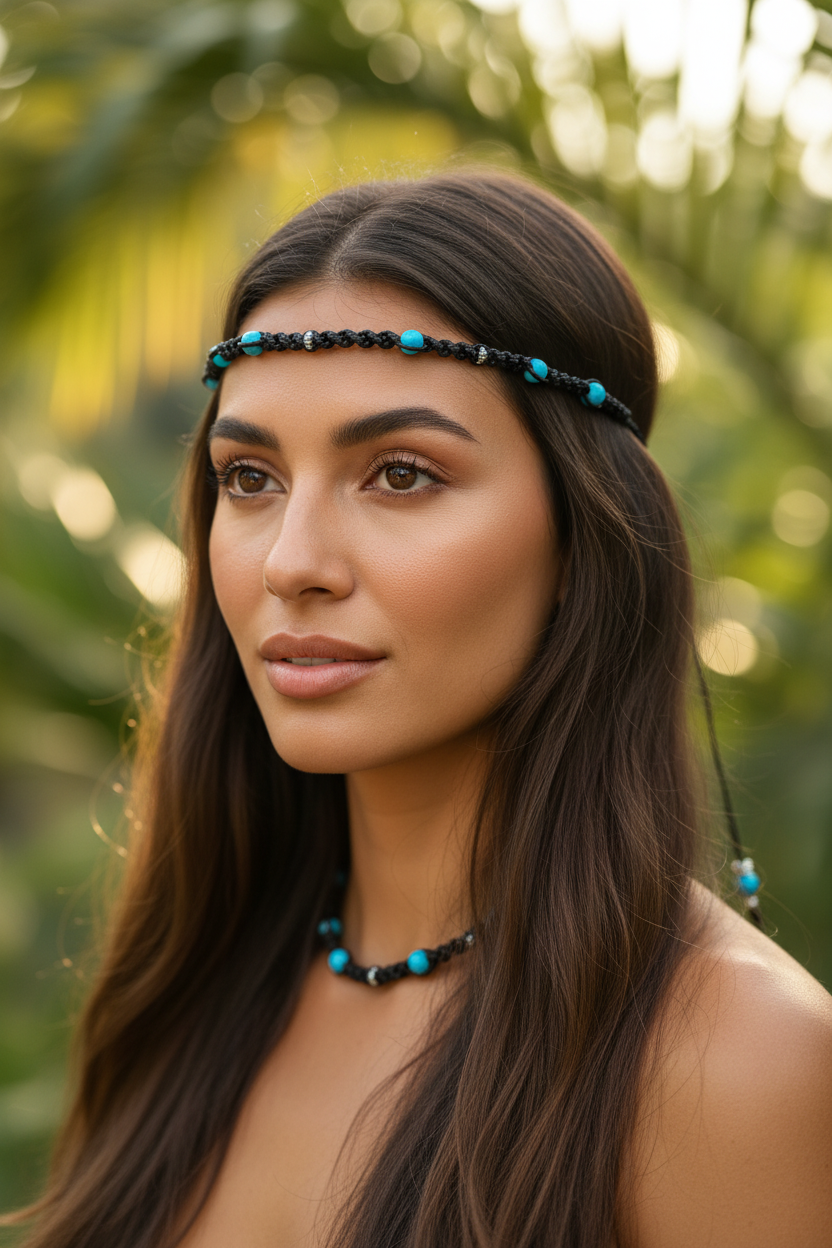 Femme portant le collier polyvalent Joyas by Jo en bandeau de tête style bohème avec perles turquoises dans un cadre naturel.