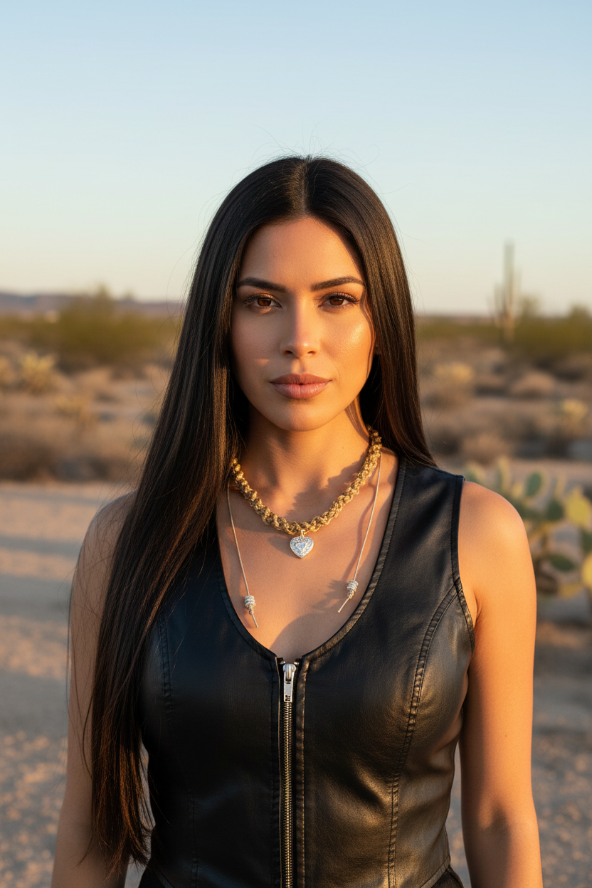 Femme avec longs cheveux bruns portant un collier tresse dore et gilet en cuir noir dans le desert.
