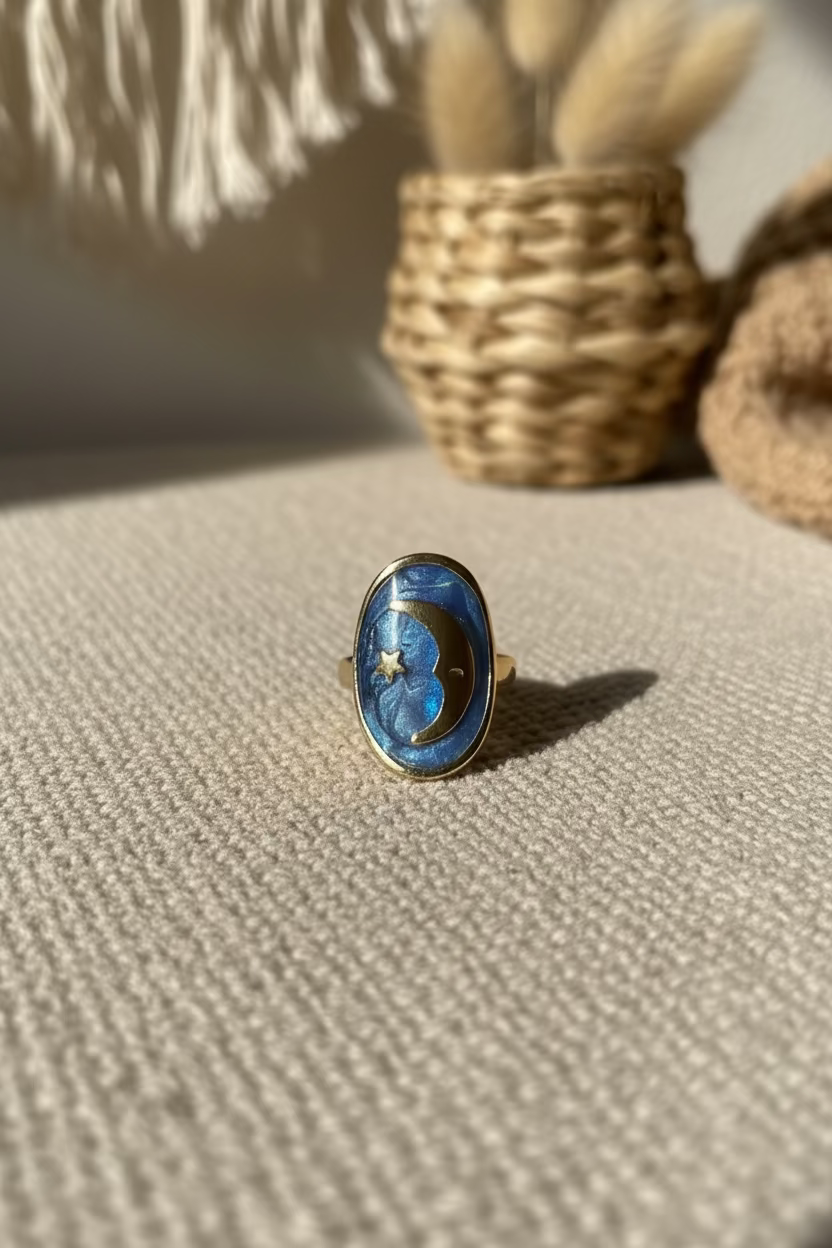 Bague Luna posée sur un tissu naturel avec décor bohème et fleurs de pampa en arrière-plan.