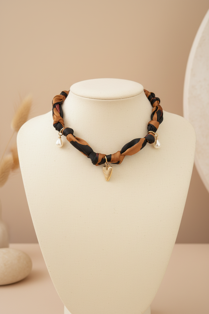 Vue de face d'un collier en soie a motifs bronze et noir orne d'un pendentif coeur texture et de perles de culture.