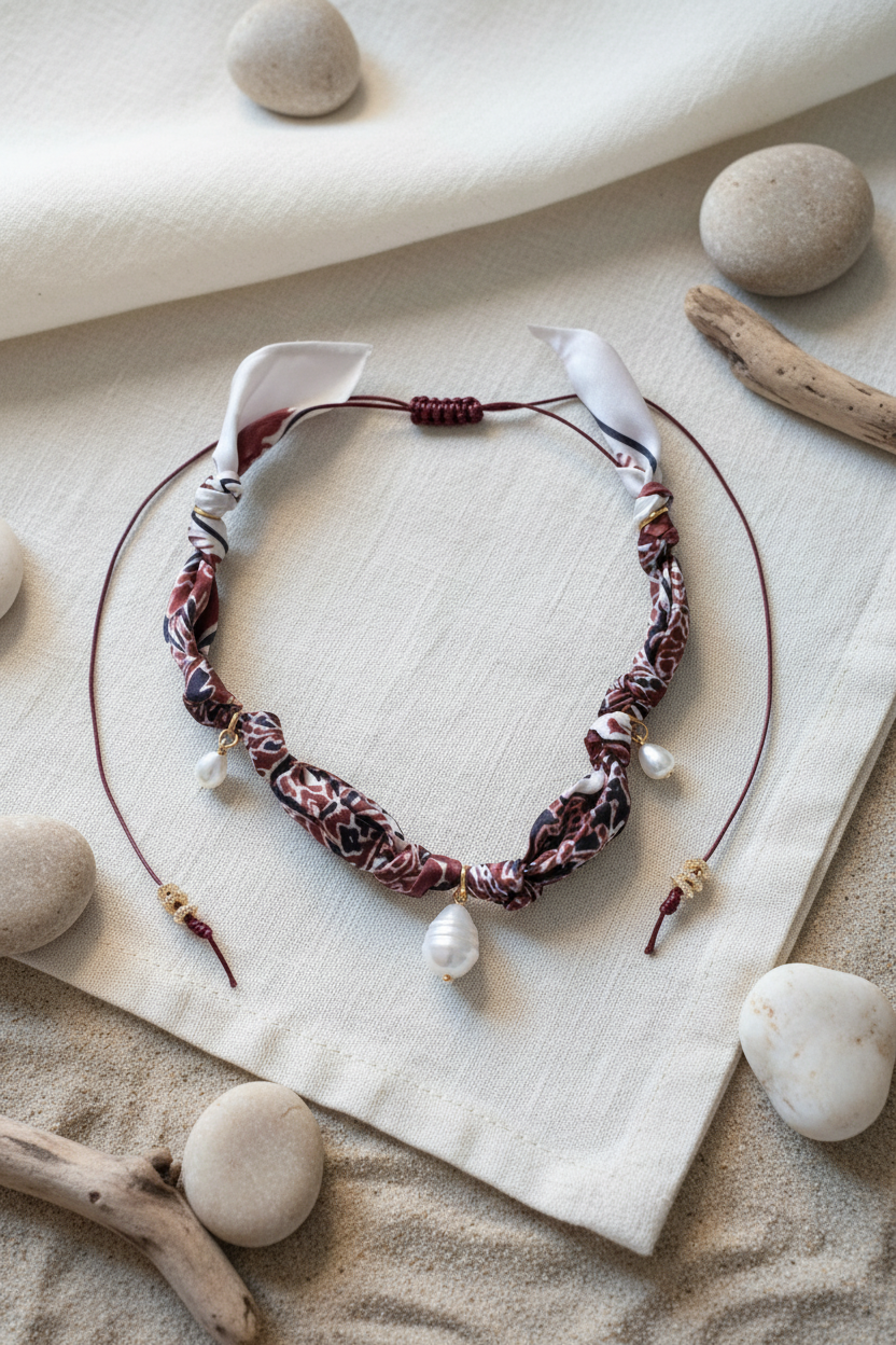 Vue à plat du collier Joyas by Jo en tissu de soie torsadé avec pendentifs perles, posé sur un lin blanc avec galets et bois flotté.