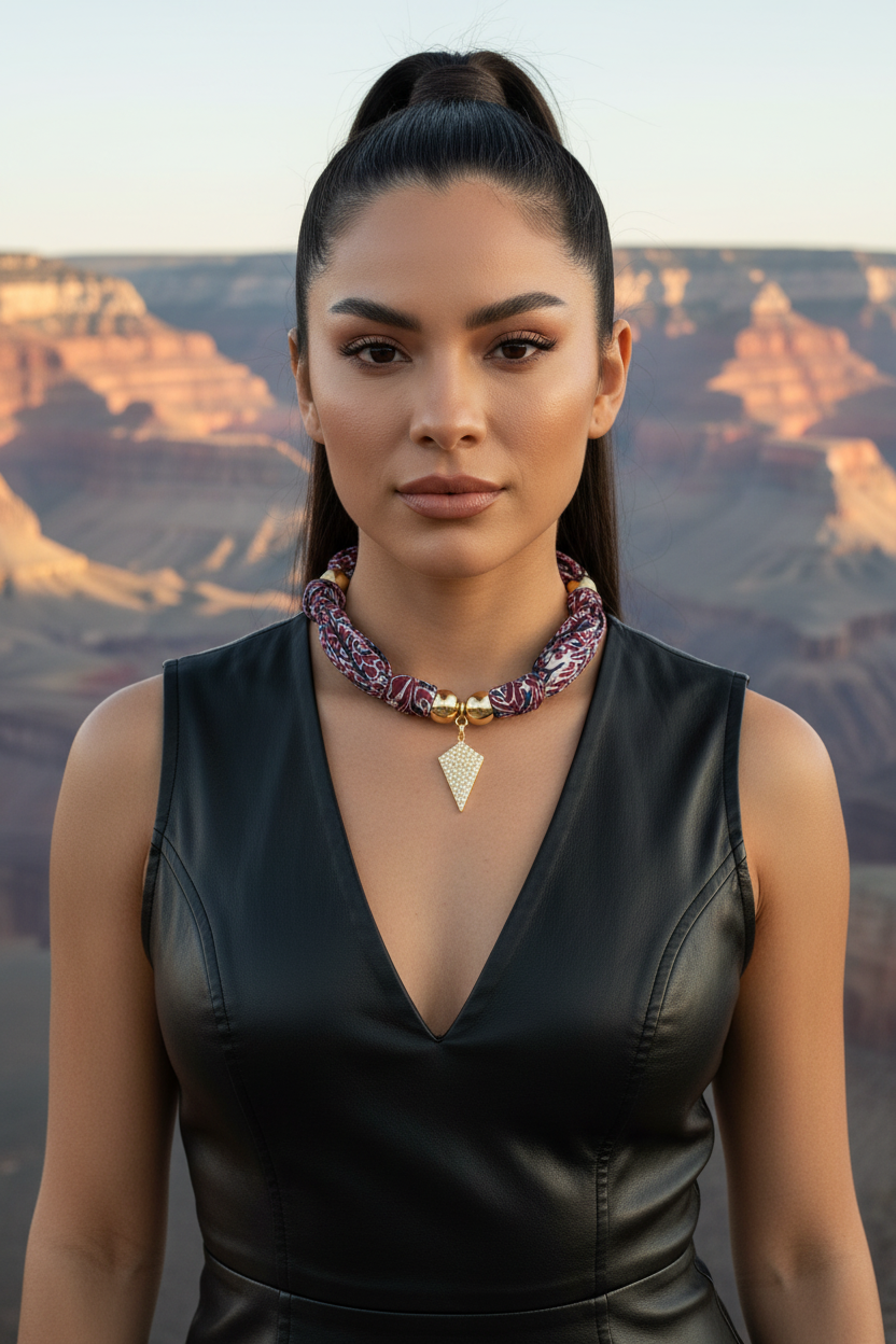Gros plan du collier artisanal Joyas by Jo avec perles dorées et pendentif pyramide sur une robe en cuir noir.