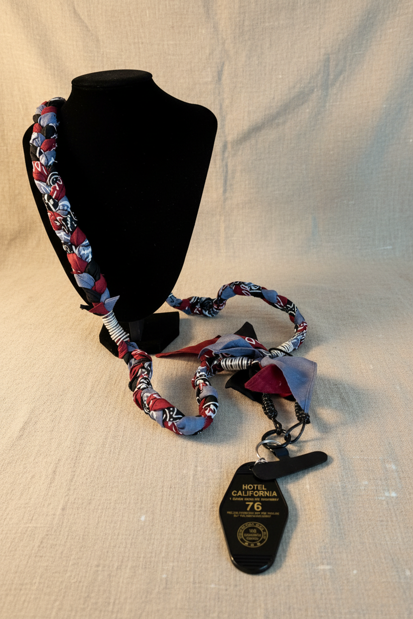 Bijou de téléphone artisanal Joyas by Jo en tissu bandana tressé rouge, bleu et noir avec porte-clé vintage Hotel California.