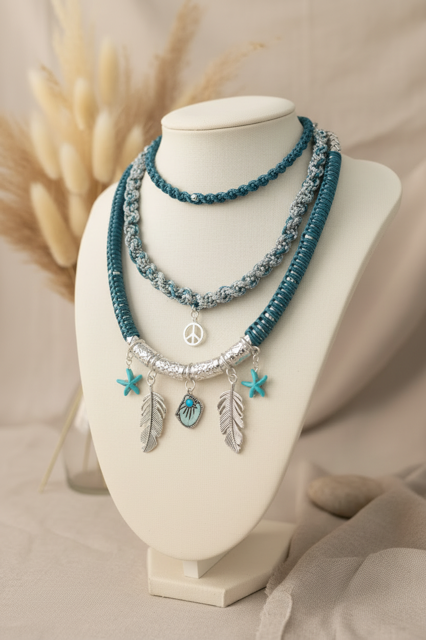 Collier triple rang style ethnique avec perles bleues, breloques plumes argentées et étoiles de mer turquoise exposé sur un buste de présentation blanc.