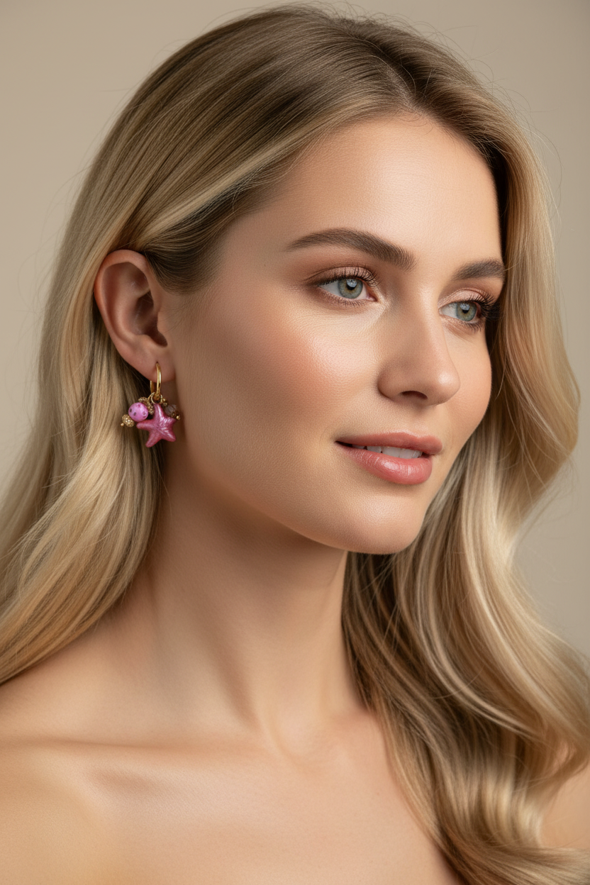 Portrait d'une femme blonde portant la boucle d'oreille étoile de mer rose de la collection marine Joyas by Jo, illustrant le rendu élégant et estival du bijou.