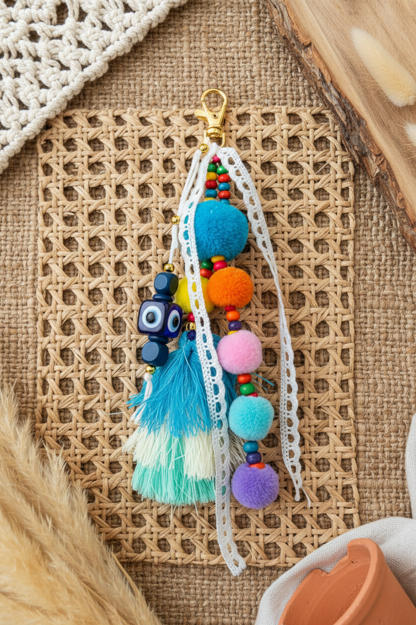 Bijou de sac Nomad Joyas by Jo - Pompons multicolores turquoise rose orange violet avec perles bois et dentelle blanche sur panier osier

