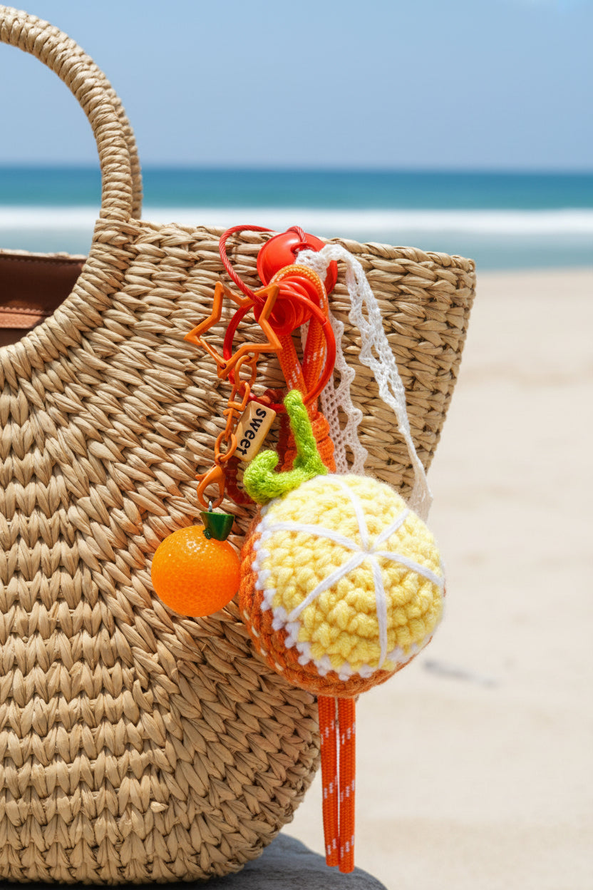 Bijou de sac orange citron au crochet sur sac osier plage - accessoire bohème luxe Joyas by Jo
