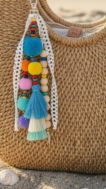 Bijou de Sac Bohème à Pompons Multicolores et Perles en Bois - Accessoire Artisanal