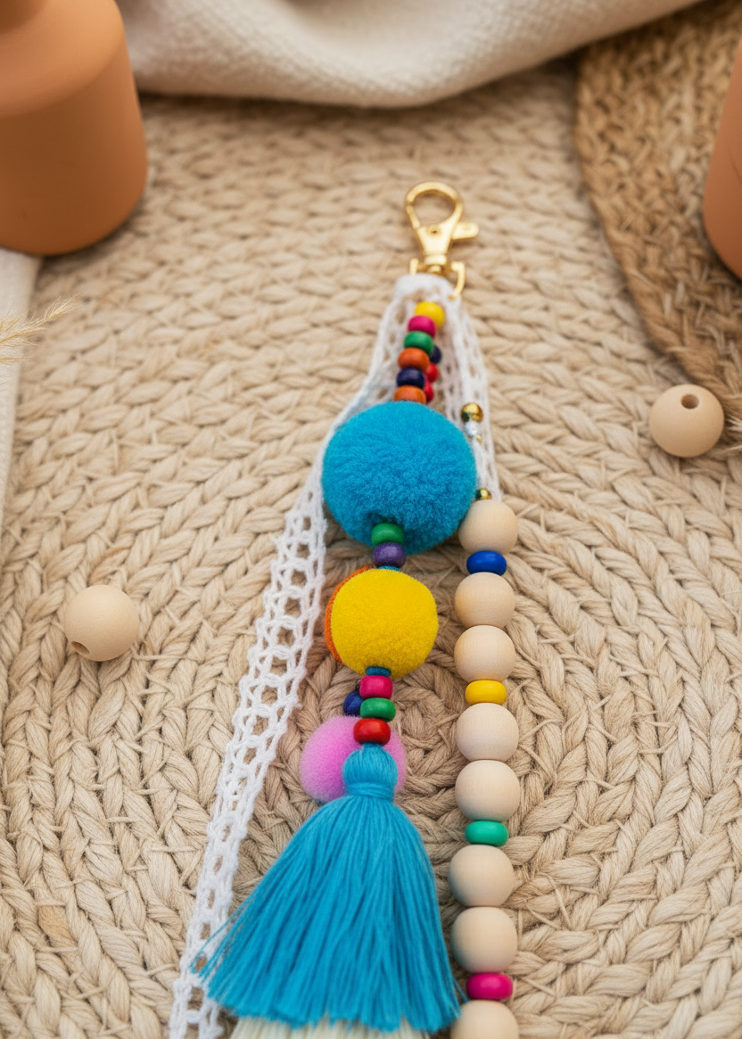 Accessoire de sac bohème Riviera avec pompons et dentelle blanche - vue rapprochée
