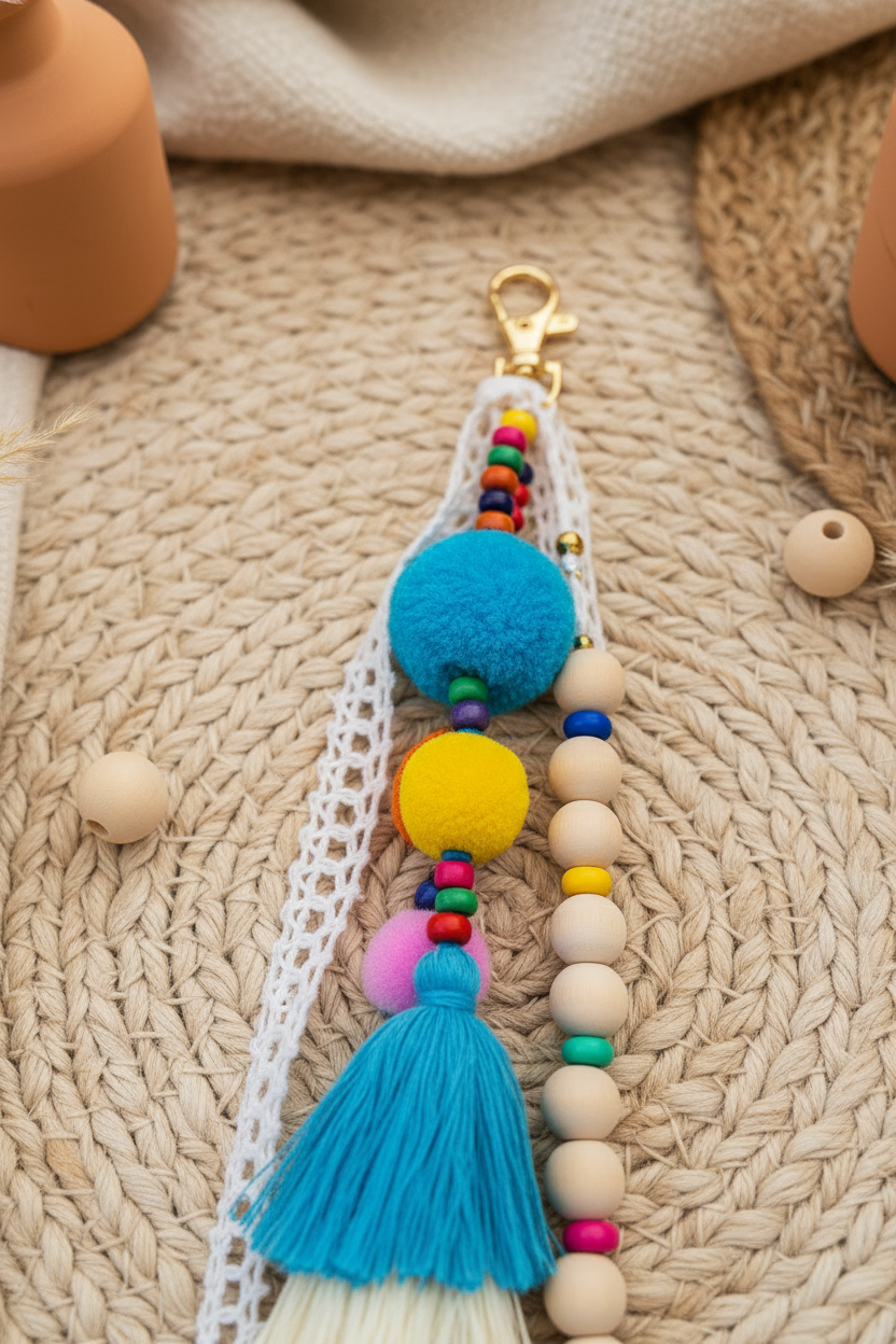 Accessoire de sac bohème Riviera avec pompons et dentelle blanche - vue rapprochée
