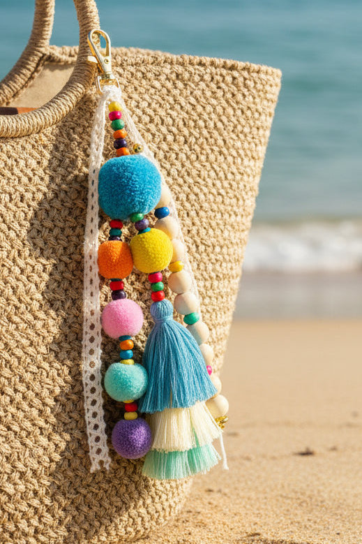 Accessoire de sac bohème Riviera avec pompons et dentelle blanche - 